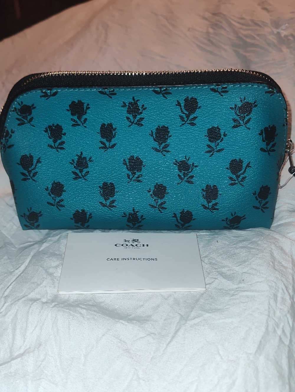 Coach NWOT Teal Cosmetic Pouch with Black Floral Print - Picture 3 of 8